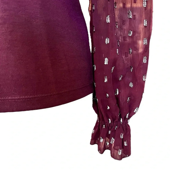 LOFT Plum Ruffle Top Sheer Long Sleeves Silver Metallic Detail Size XS - Picture 4 of 7
